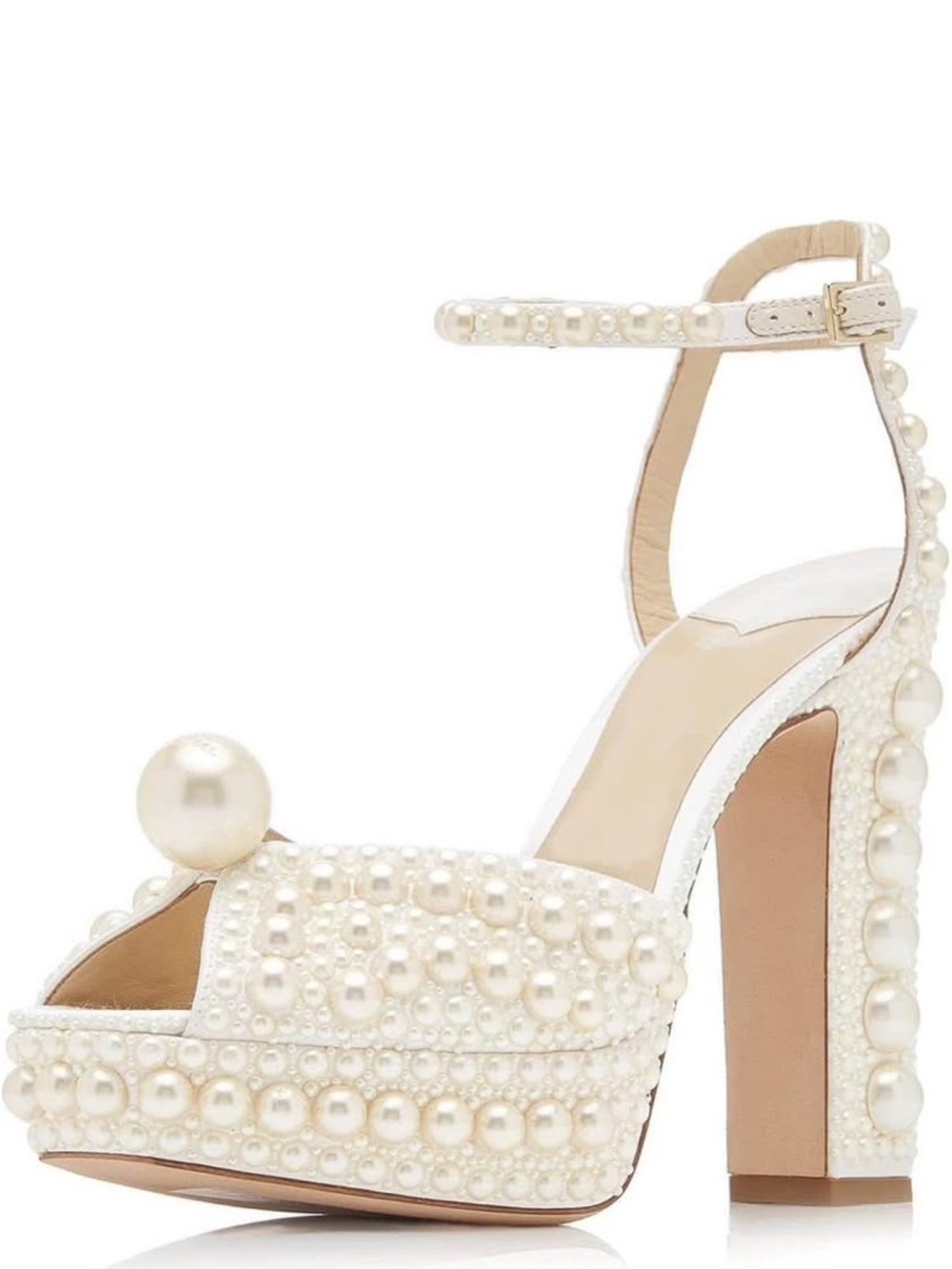 Pearl-Embellished Ivory Platform Sandal with Ankle Strap